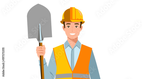 Young Male Construction Worker Smiling and Holding Shovel Tool