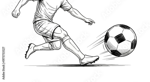 Soccer player kicking a ball in motion.