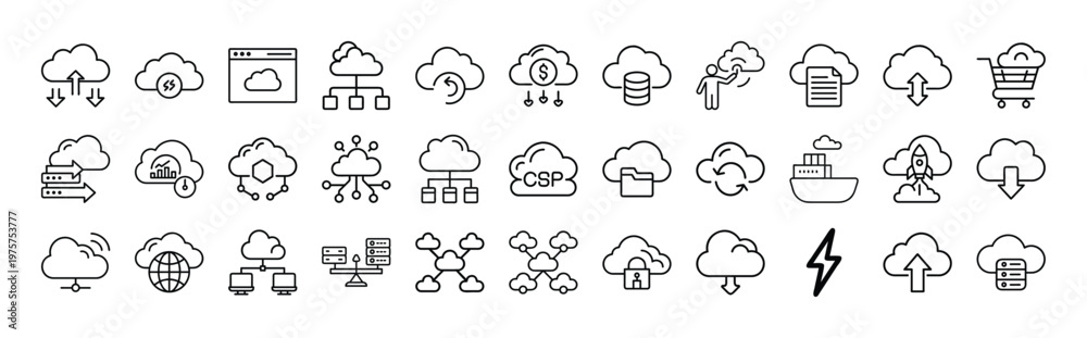 Obraz premium Cloud computing icons collection featuring various symbols for data transfer and storage