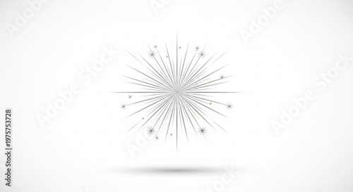 Grey abstract starburst design with lines and dots on white background symbolizing energy and movement in a minimalist style