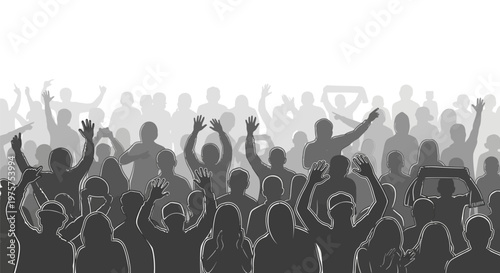 A large crowd of people cheering and raising their hands in excitement.