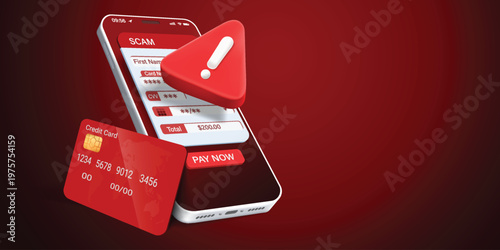 Cyber crime and financial fraud concept with 3D smartphone, credit card and human hand clicking pay now button on fake banking interface, phishing scam alert, online theft and security warning.