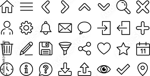 User interface essential icons set. Minimalist clean outline web app navigation controls with home, search magnifying glass, settings gear, user profile, notification bell, and trash delete symbols