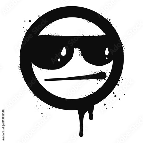 Smiling face emoticon character with sunglasses. Spray painted graffiti smile face in black over white. isolated on white background