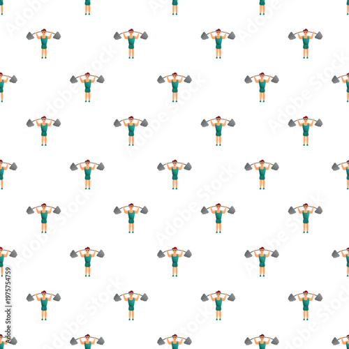 Seamless pattern featuring a weightlifter doing an overhead press exercise with a barbell