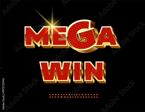 Vector Casino emblem Mega Win. Luxury Premium Red and Gold Font. Trendy Elite 3D Alphabet Letters and Numbers set.