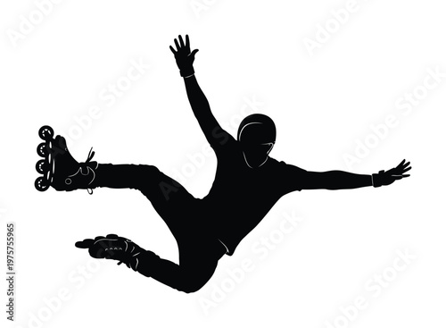 Vector silhouette of a person performing a dynamic roller skating maneuver in the air with outstretched arms