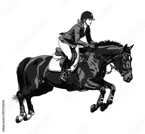 Vector of a horse and rider jumping mid-air during a show jumping competition