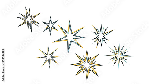 Small group of decorative hand drawn stars with soft yellow and teal color outlines on a clean white background.