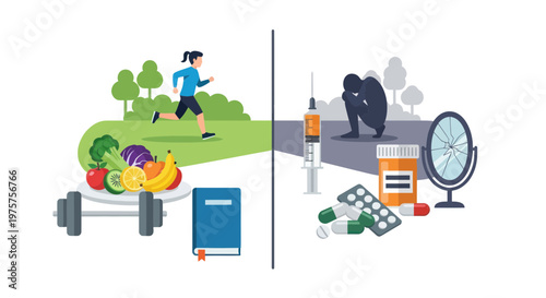 Healthy lifestyle choices versus unhealthy habits with exercise nutrition and medication