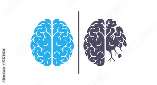 Dual brain hemispheres symbolize balance and contrast between logic and emotion mental health and wellness concepts
