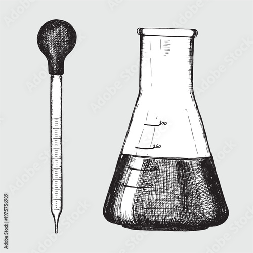 A laboratory pipette and flask in an engraved style. Vector illustration for medical, microbiological, and scientific design.