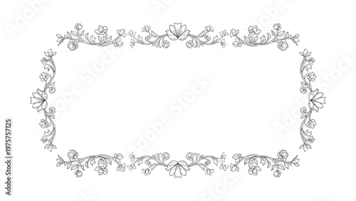 Elegant horizontal frame decorated with classical floral ornaments and scrolling leaves in a fine engraving style for certificates and invitations.