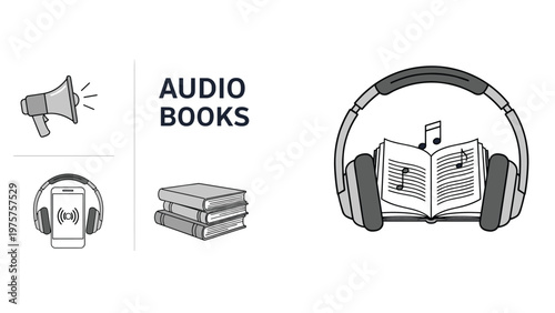 Set of icons and an illustration for audiobooks featuring a book with headphones, musical notes, and mobile devices for digital reading.
