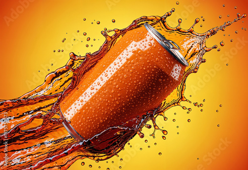 Orange soda can splashing into liquid with many water droplets and bubbles against a bright orange background for refreshing drink advertising