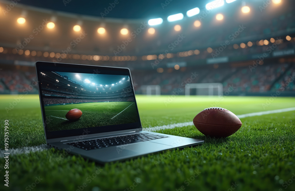 Fototapeta premium Laptop and football sit on grass field in stadium at night. Screen shows stadium view. Lights illuminate sports arena. Digital technology meets game.