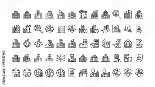 Set of 30 outline icons related to commercial buildings. Linear icon collection. Editable stroke. Vector illustration