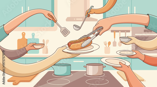 Hands serving food into a plate