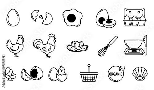 Modern egg icons collection with chicken nest carton and food farm symbols outline vector isolated on white