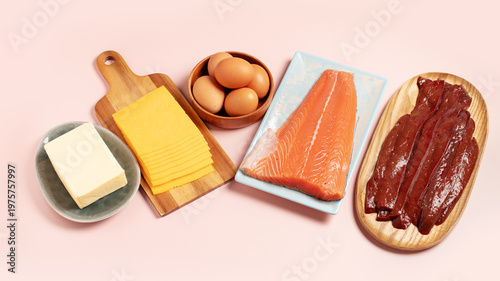 Valokuva Flat lay of retinol rich foods, high vitamin A animal sources.
