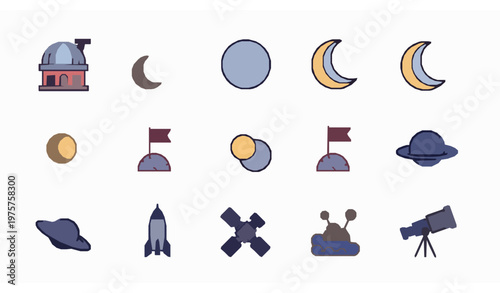 Astronomy filled icons set with moon stars observatory rocket and space symbols vector isolated on white