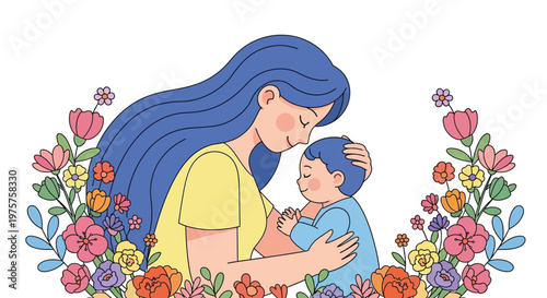 A mother lovingly embraces her young child amidst vibrant floral surroundings