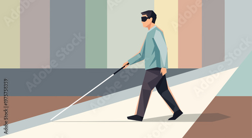 Blind man walking with cane on sidewalk
