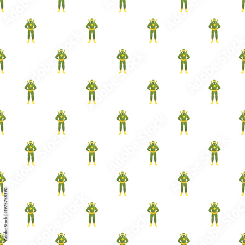Green uniformed heroes creating a seamless background pattern for various designs