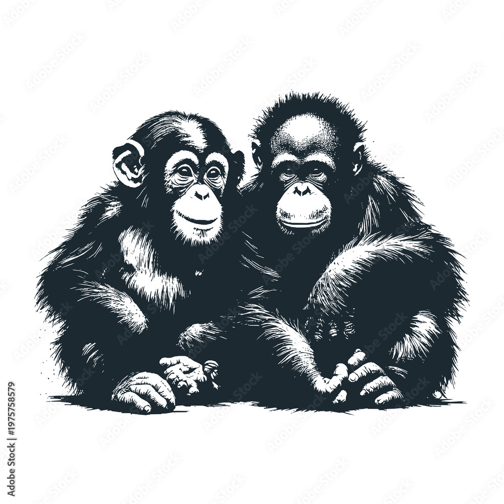 Fototapeta premium Adorable chimpanzee with cute orangutan