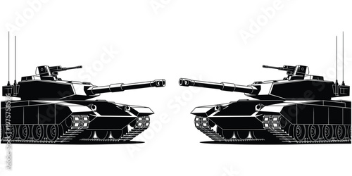 Battle tanks confrontation silhouette illustration, modern armored vehicle artwork, military standoff design concept scene, war technology symmetry, flat vector illustration