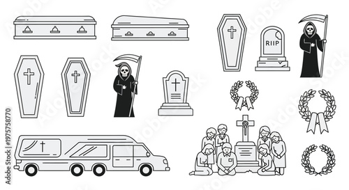 Collection of funeral related icons including coffins hearses and grim reapers