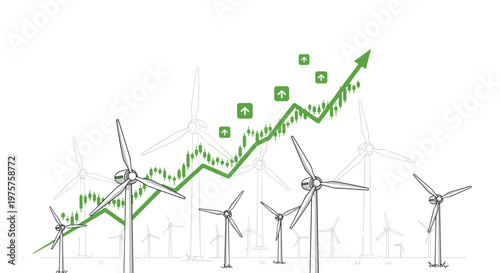 Hand-drawn sketch style illustration depicting wind turbines and an upward trending green line with rising arrow icons against a pristine white background.