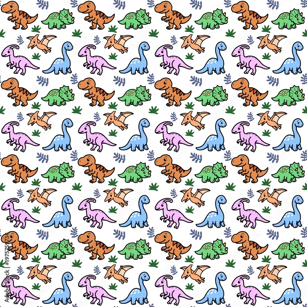 Naklejka premium Seamless Cute Colorful Dinosaur Pattern Cartoon Kids Background