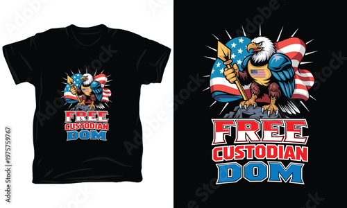 American bald eagle holding a shovel with flag and text free custodian dom.