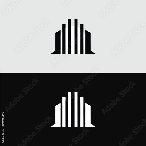 A striking abstract logo visually portrays a cluster of uniform vertical buildings with a strong, grounded base and sleek angles.