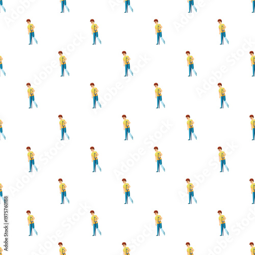 Cartoon boy with injured leg and crutch walking on a white seamless pattern