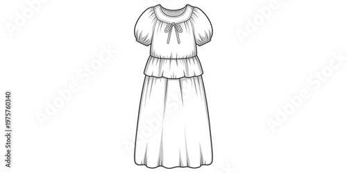 Elegant dress illustration, puffed sleeve design, gathered bodice artwork, flowing pleated skirt vector, fashion sketch style, black and white drawing