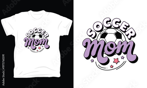 Soccer mom illustration with ball and stars in purple and pink colors.