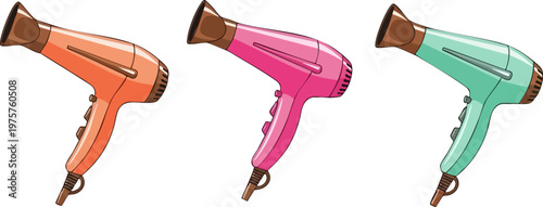 Professional hair dryer vector set, colorful blow dryer illustrations in pink orange and mint, beauty salon equipment icons for hair styling