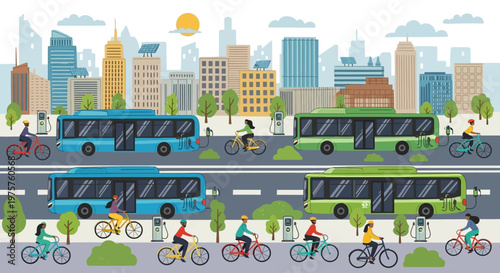 City cycling infrastructure with buses and urban landscape