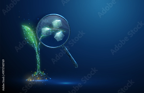 3d stevia plant under magnifying glass with sweetener cubes inside. Natural sweetener analysis, sugar substitute evaluation, nutritional assessment, quality control concept.