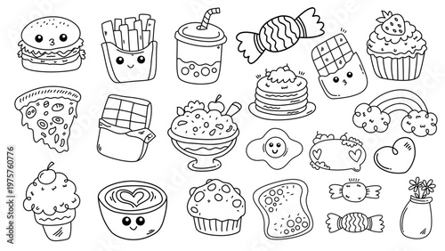 Large collection of cute hand drawn fast food snacks and sweet desserts