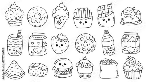 Set of adorable doodle food items featuring sushi milk and sweet cupcakes