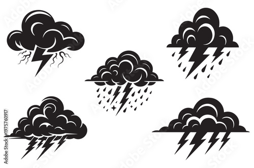 Collection of stormy cloud icons with lightning bolts and raindrops representing bad weather and atmospheric phenomena