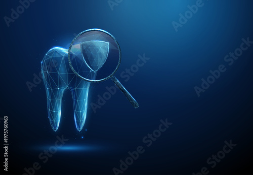 3d tooth under magnifying glass with shield inside. Dental protection, strong enamel reinforcement, protective coating, fluoride barrier, cavity prevention concept.