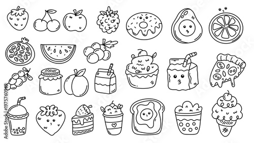 Huge variety of fresh fruits vegetables and yummy sweet snacks in doodle