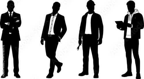 Vector detailed silhouettes set of standing people male and female full body front view with body gesture isolated on white background. Crowd, group of people vector illustration