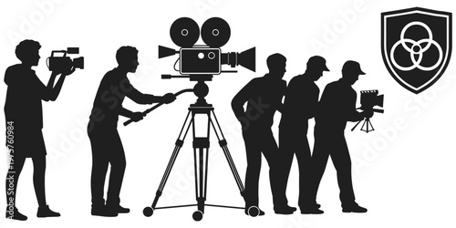 Film production crew silhouette illustration, movie making teamwork artwork, cinema equipment design concept scene, filmmaking collaboration representation, flat vector illustration