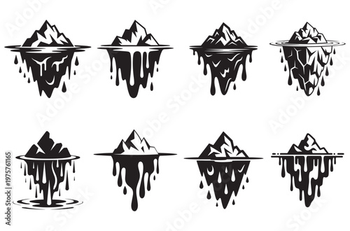 Iceberg icon set in black and white, melting ice blocks with water dripping down, global warming symbol
