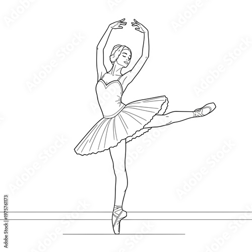 Elegant Ballerina in Mid Performance Line Drawing Illustration